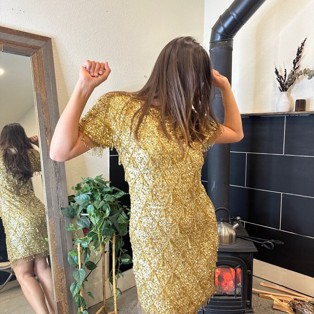 Rare Vintage Womens 10 Dress Gold Silk Sequin Elegant NYE Glam